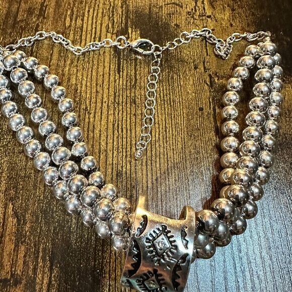 Large Squash Blossom Pendant Chunky Necklace and Earrings Set with Turquoise St - Picture 9 of 11